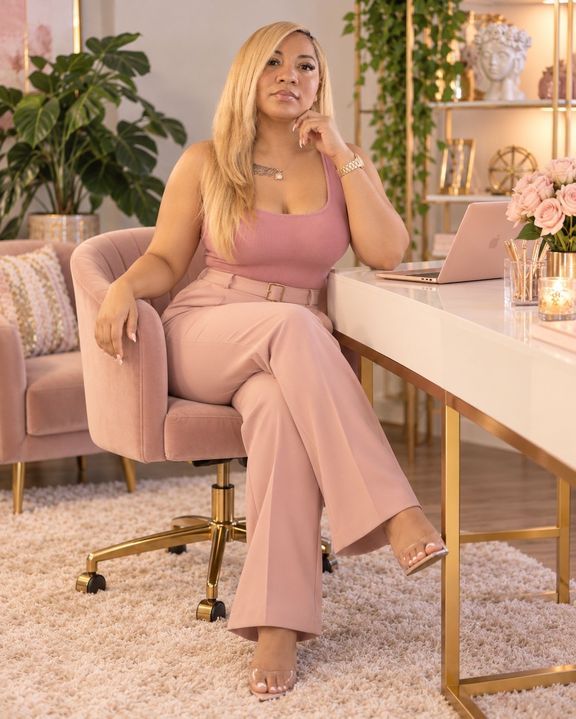 Stephanie McAfee seated at a desk in a pink office setting