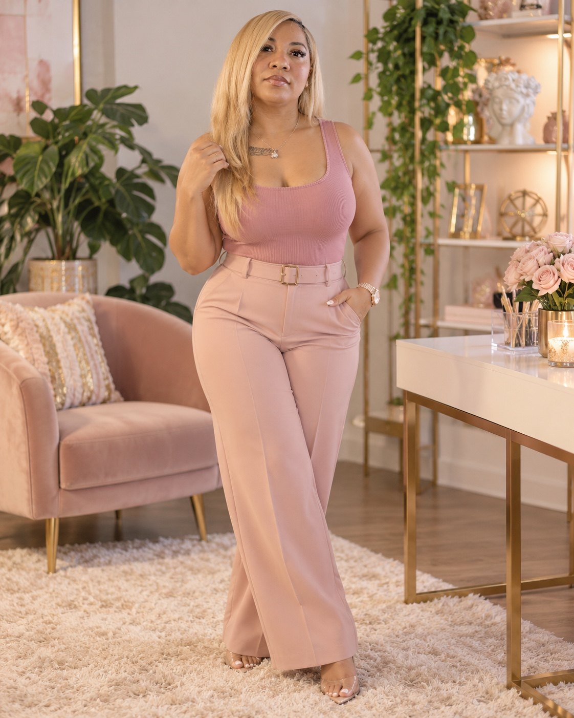 Stephanie McAfee standing in a pink outfit in her office